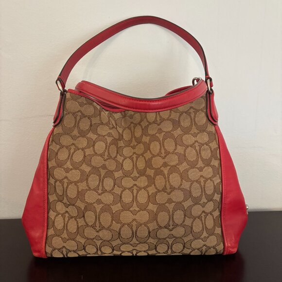 Coach Red Leather Brown Signature Jacquard Edie Shoulder Bag 31 - Picture 3 of 13